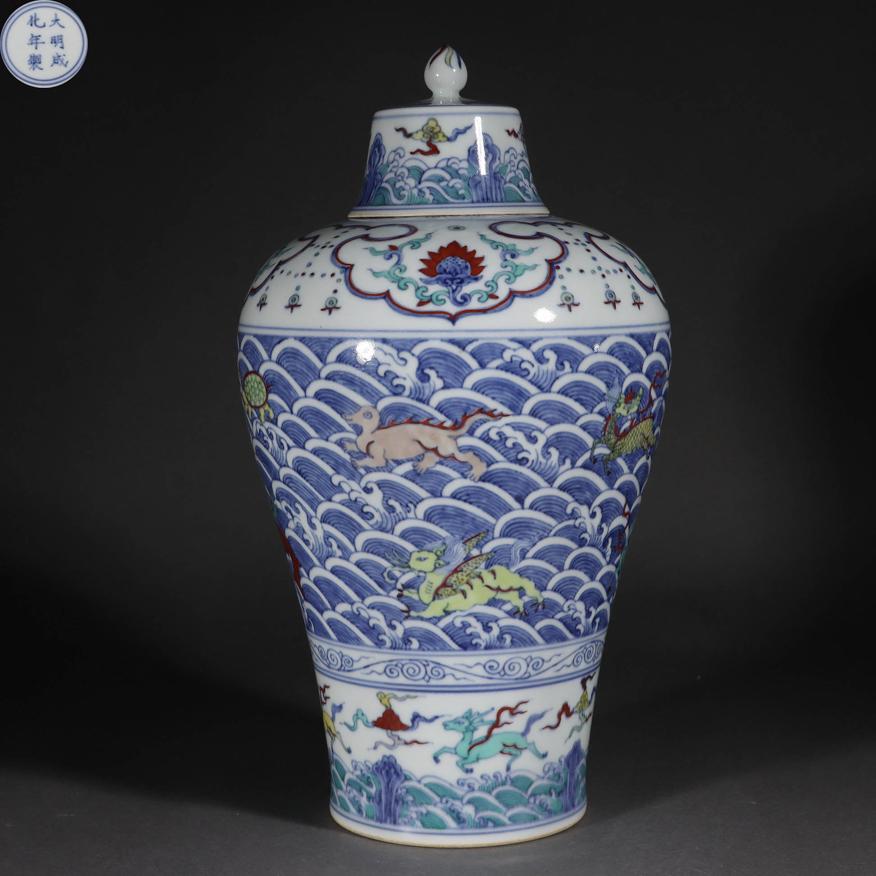 China Ming Dynasty Blue and White Porcelain Doucai Carved Sea Monster Plum Vase (1 of 9)