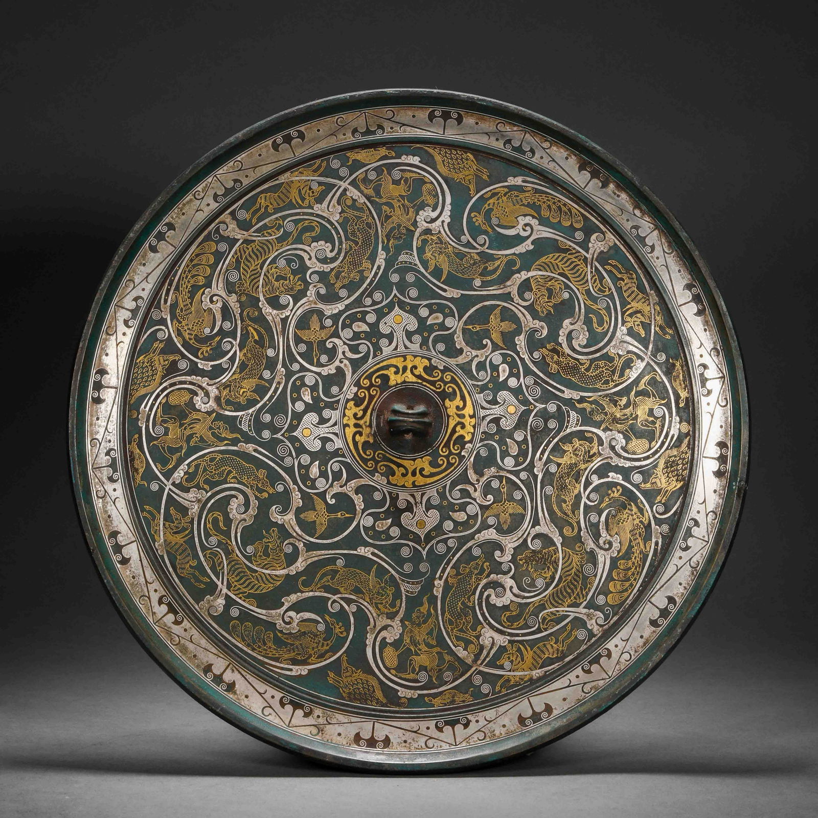 Han Dynasty, Inlaid Gold Beast Pattern Mirror (1 of 10)