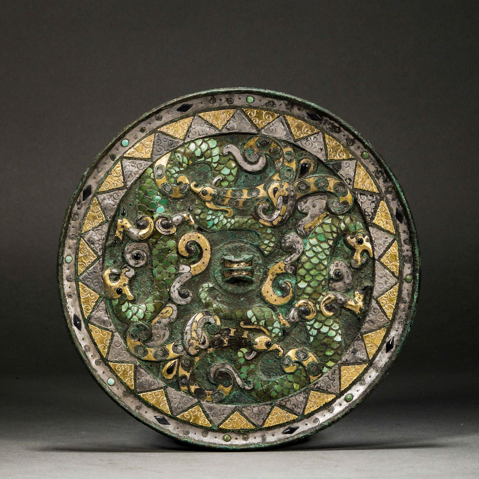 Han Dynasty, Inlaid Gold and Silver Dragon Pattern Mirror (1 of 10)