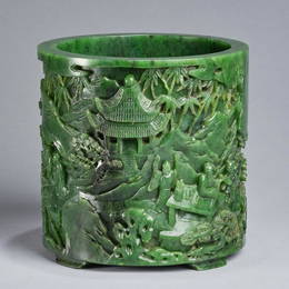 A Magnificent Spinach-Green Jade Brush Pot, Qing Dynasty (private English collection)