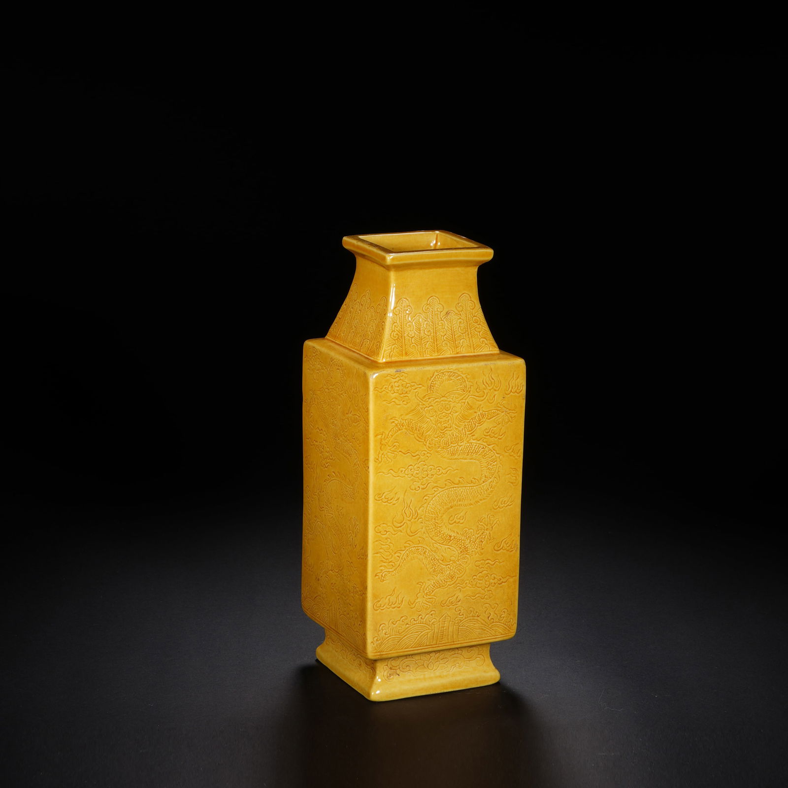 An incised yellow-glazed 'dragon' square sectioned vase, Qing Dynasty (1 of 10)