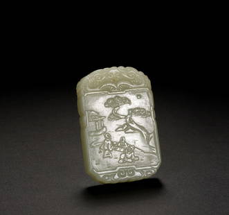 A white jade carved plaque, Qing Dynasty (private English collection): A white jade carved plaque, Qing Dynasty (private English collection) of rectangular shape with lobed upper and lower borders, on the front side carved with three scholars under the pine, a pavilion