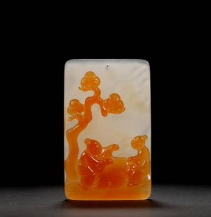 A carved agate plaque, Qing Dynasty (private English collection): A carved agate plaque, Qing Dynasty (private English collection) the stone of creamy tone with orange inclusion on one side, carved out of the orange inclusion with two scholars under a gnarled pine