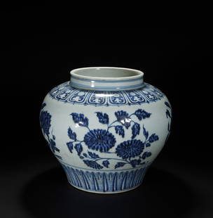A blue and white jar (private English collection): A blue and white jar (private English collection) finely painted with floral pattern between lotus and banana leaf lappet borders at the shoulder and the foot, two double blue line around the short