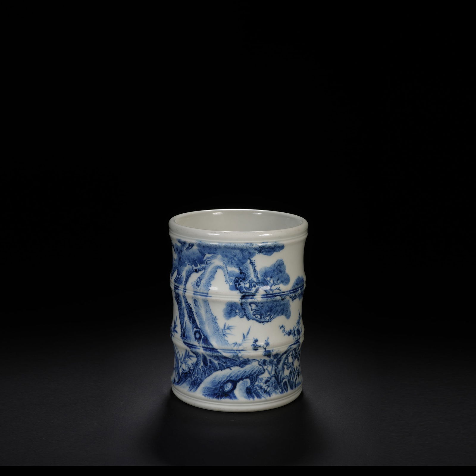 A blue and white bamboo form brush pot 'three friends of winter', Qing Dynasty (private English (1 of 6)
