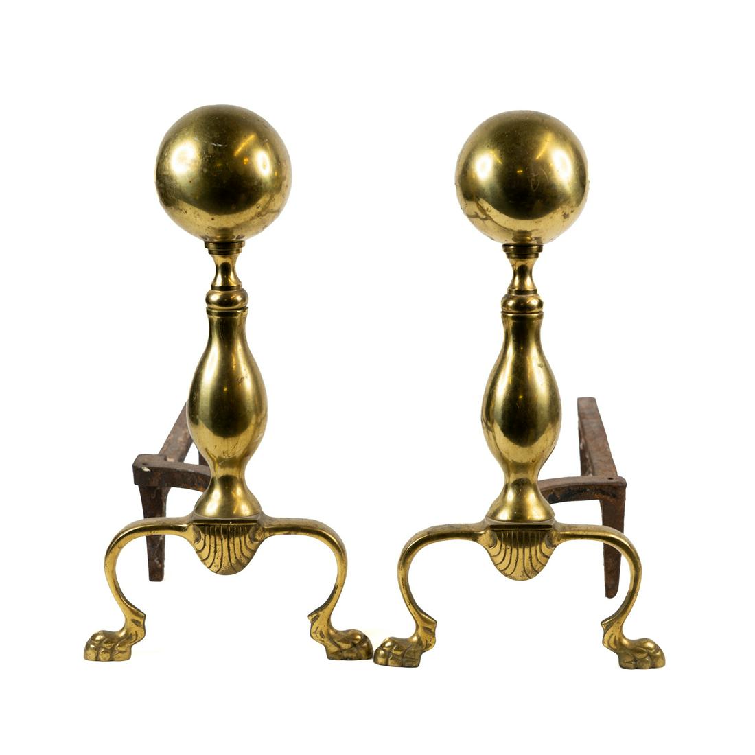 Pair of Brass Cannonball Fireplace Andirons (1 of 3)