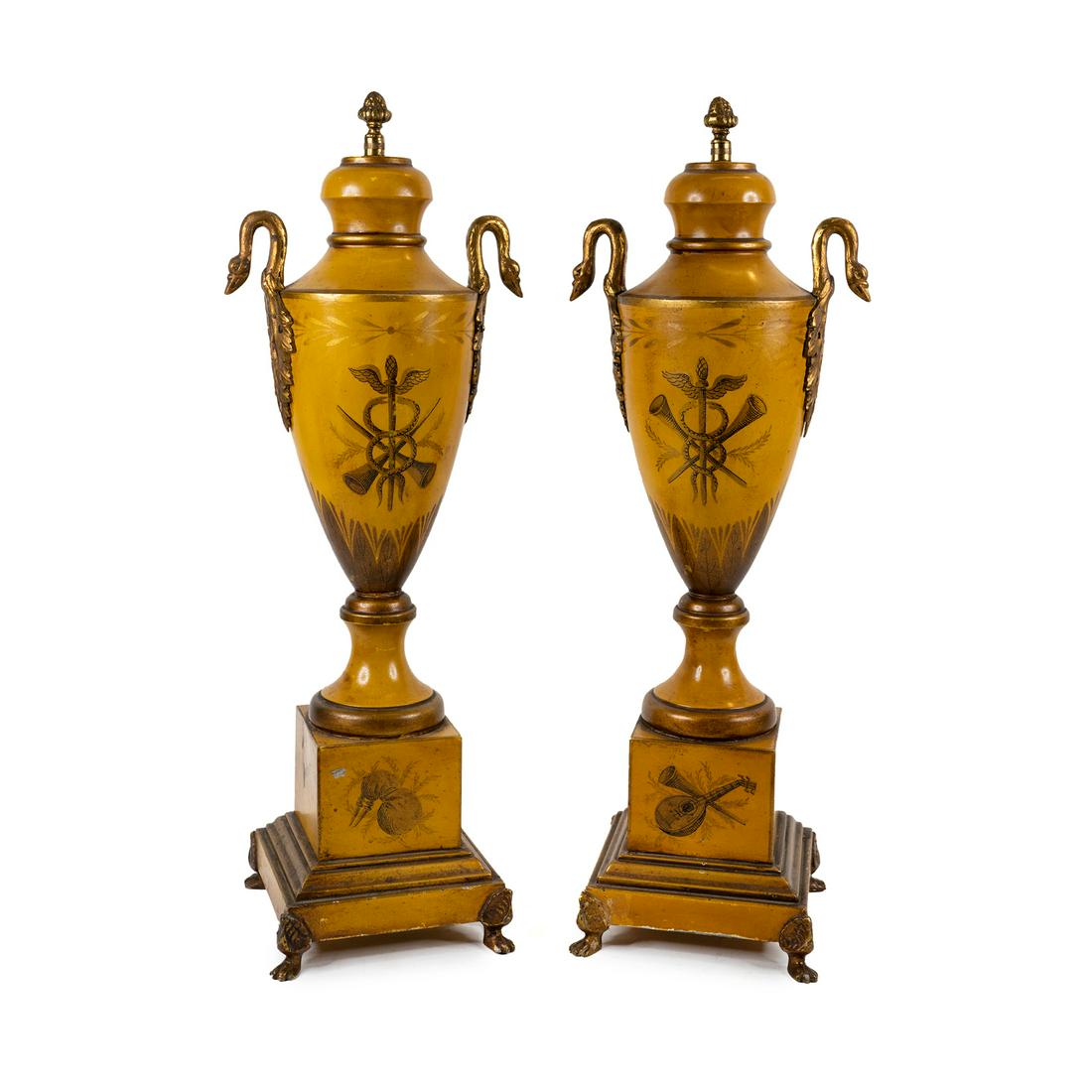 Pair of French Tole Swan Motif Footed Urns (1 of 9)