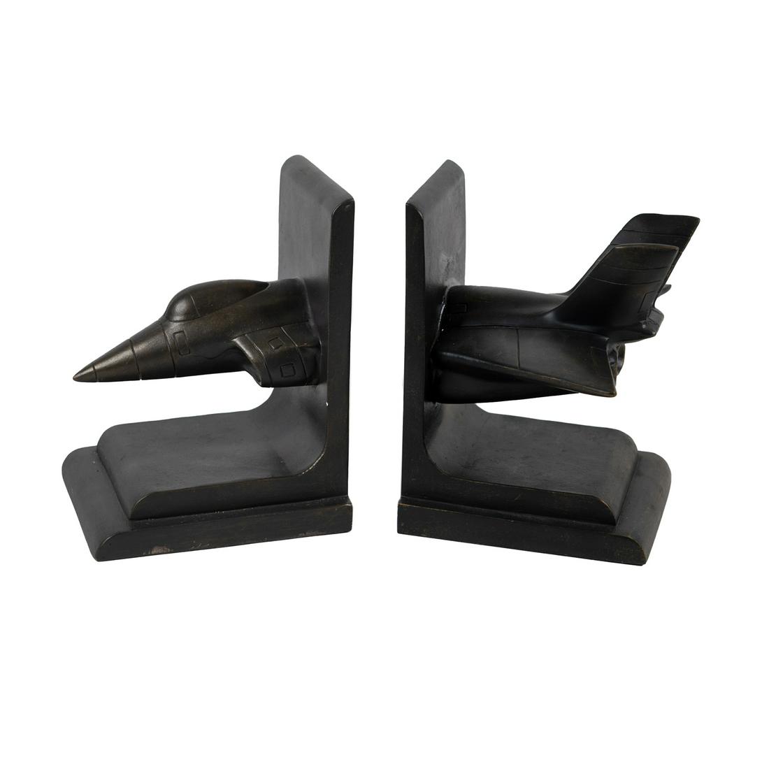 F16 Fighter Jet Airplane Composite Bookends: A pair of F16 fighter jet airplane patinated bronze composite bookends: forming the tail section and the other forming the cockpit and nose.