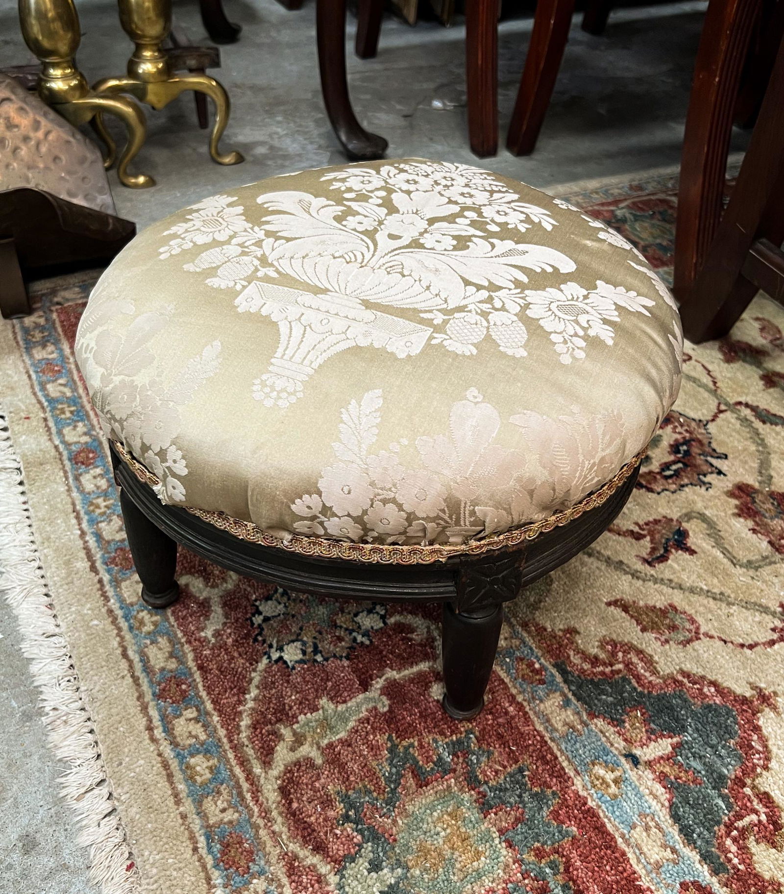 French Style Carved Wood Damask Foot Stool (1 of 5)