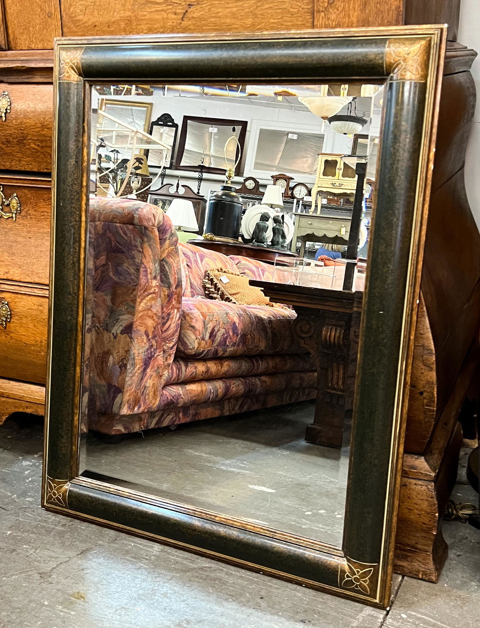 Beveled Black and Gold Tone Hanging Wall Mirror (1 of 4)