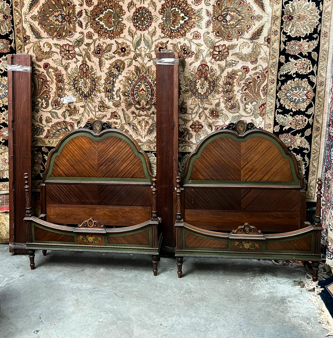 Pair of French Provincial Painted Floral Twin Beds (1 of 7)