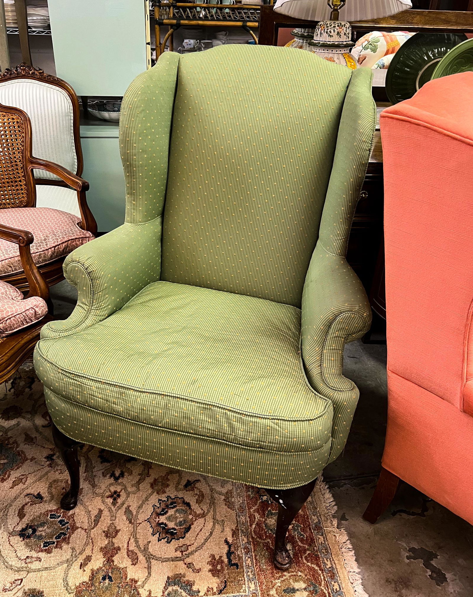 Upholstered Queen Anne Style Wing Back Arm Chair (1 of 5)