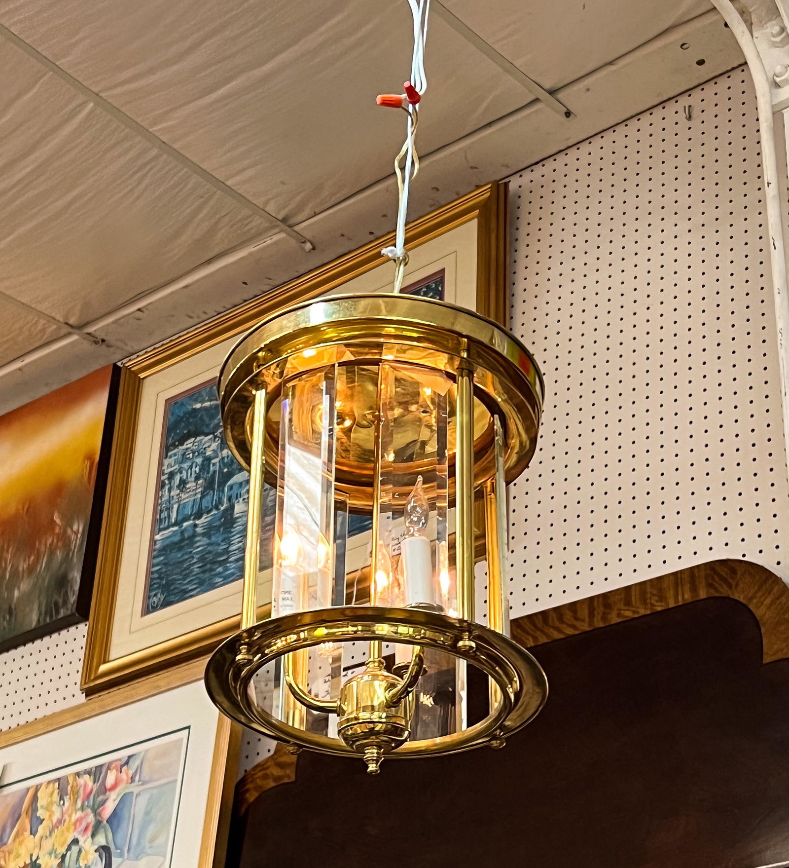 Hanging Brass & Beveled Glass Lantern Light (1 of 5)