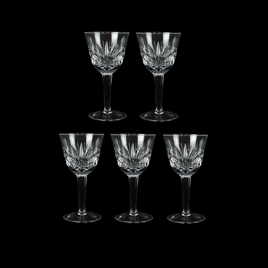 (5) Cut Crystal Stemmed Wine Glasses: A set of 5 crystal stemmed wine glasses having a cut fan pattern in the style of Natchmann 'Nierstein' pattern.