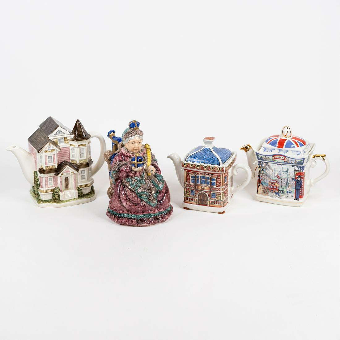 (4) Teapots Incl. Fitz & Floyd, Otagiri, Sadler: A group of 4 teapots including a Fitz and Floyd 'Queen Victoria' limited edition teapot, a James Sadler 'Best of British' Piccadilly teapot, a Sadler Staffordshire English Country Houses collection 'E