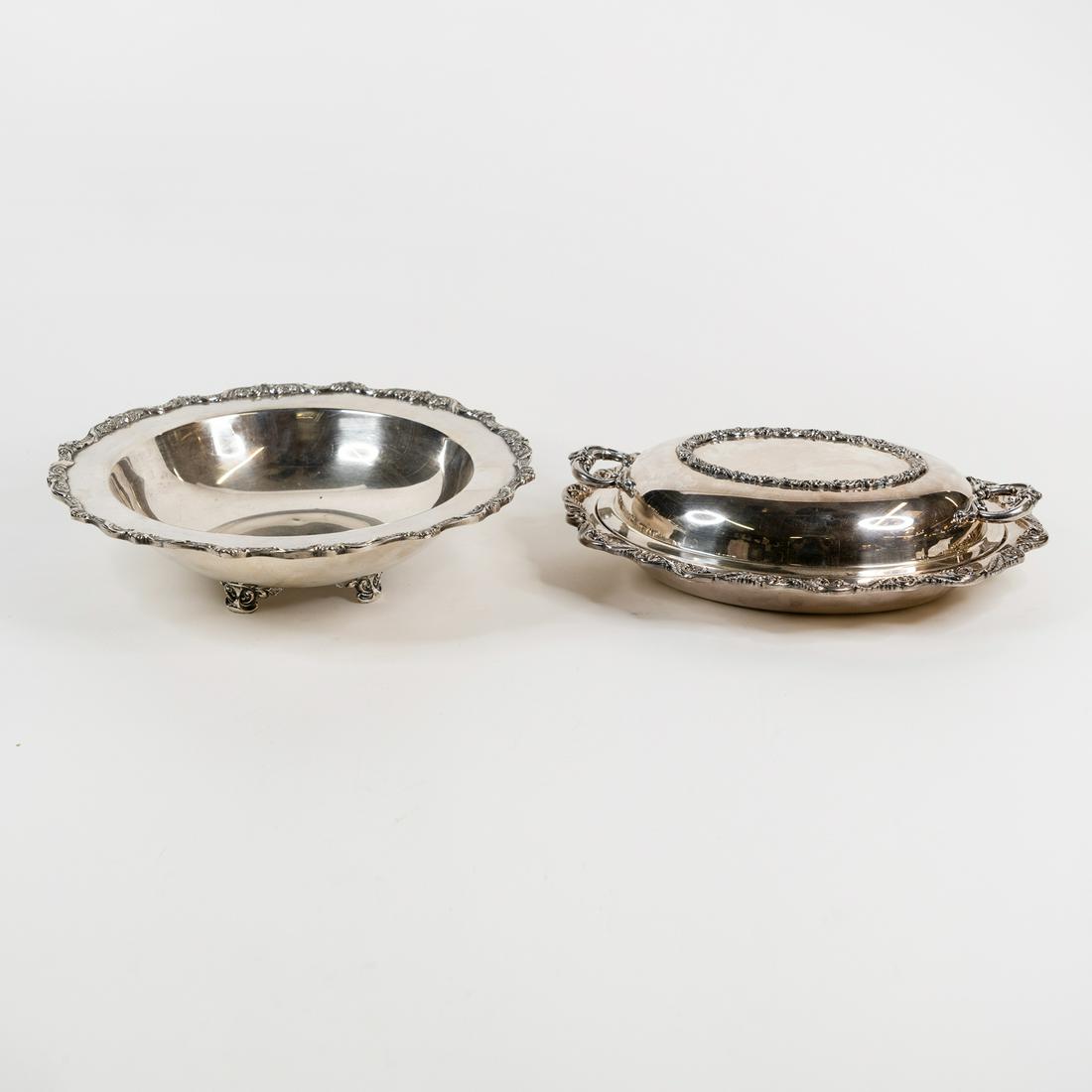 (2) Silverplate Serveware Dishes - International / Poole: A group of (2) two silverplate serveware pieces including a Wilcox International Silver Co. Saybrook Manor double handled covered serving tureen and a Poole Old English center bowl.