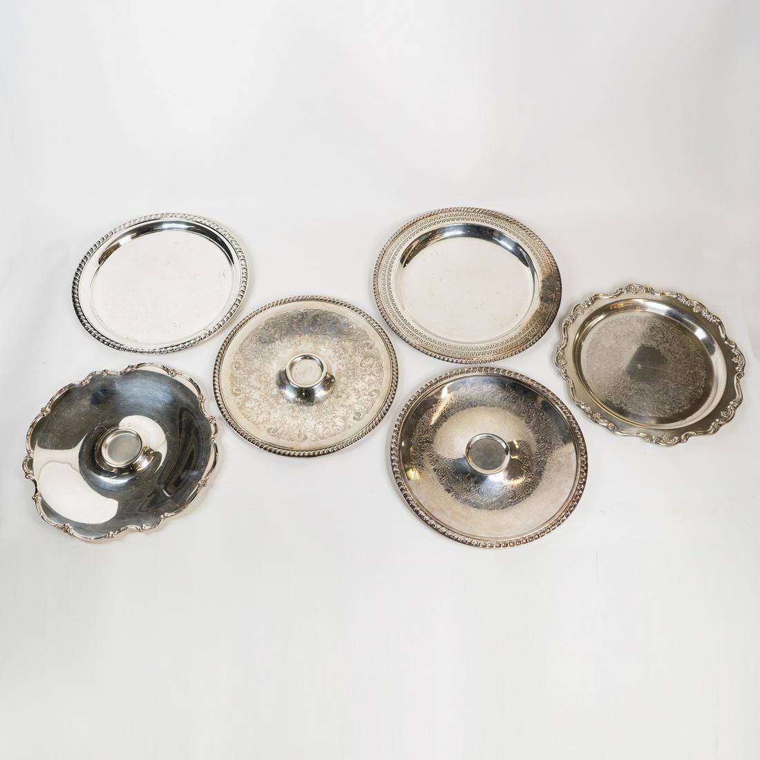 Group of 6 Silverplate Chargers Rogers, Gorham, Leonard: A group of (6) six silverplate chargers including Rogers Bros, Gorham, Leonard, and Jardin.