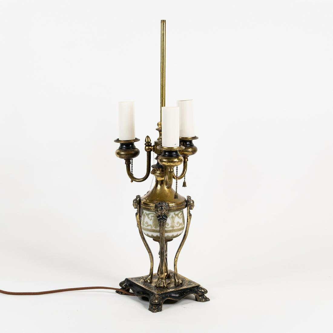 French Style 3 Arm Candlestick Brass, Glass Table Lamp (1 of 5)