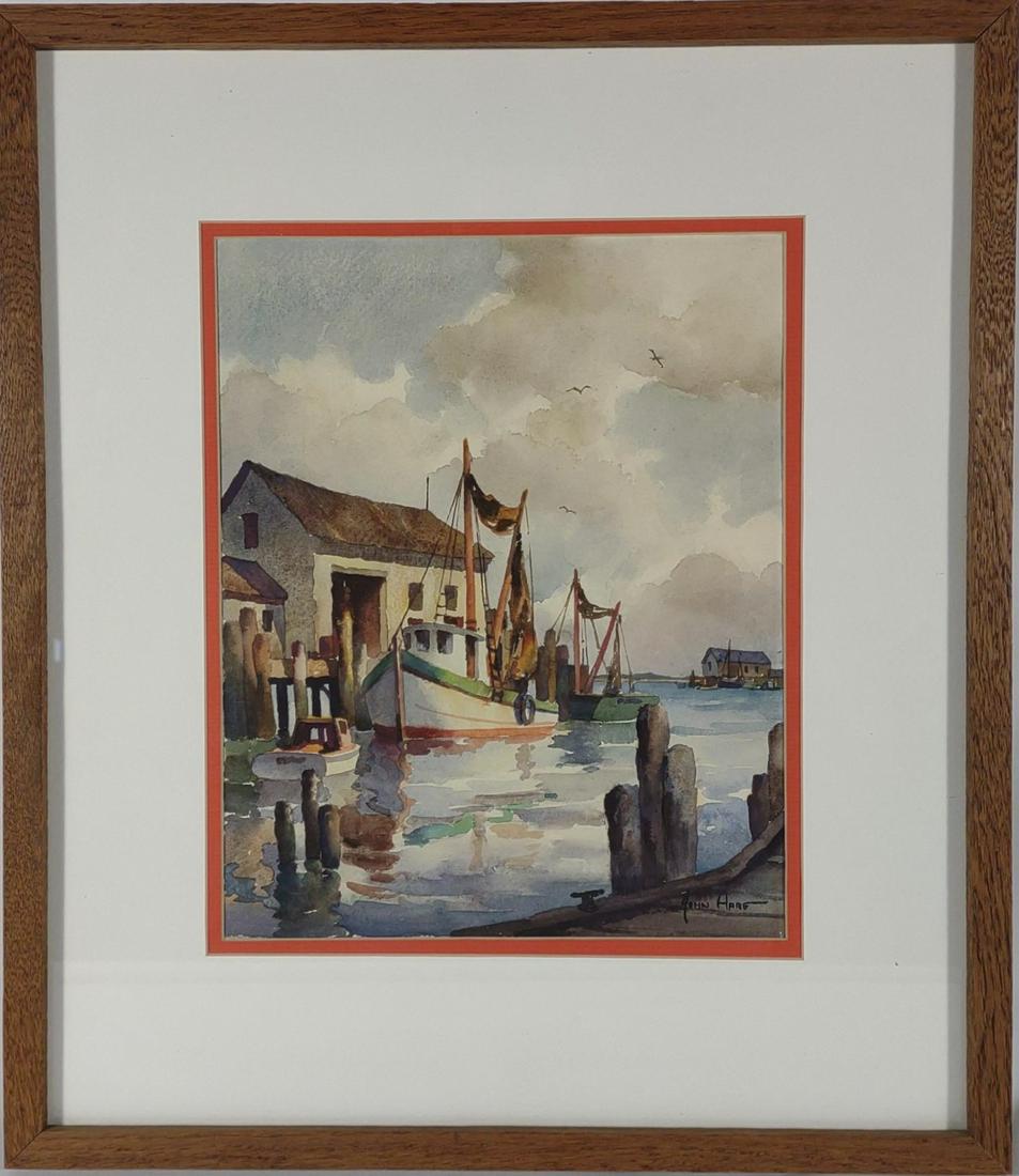 John Hare Watercolor Painting St Augustine, 1937: Original watercolor painting in frame. Painted by John Cuthbert Hare. Shrimp Fleet in St Augustine, Florida, 1937. Framed in 2012 by Ray Ekroos. John Cuthbert Hare, 1908-1978, was a watercolorist who