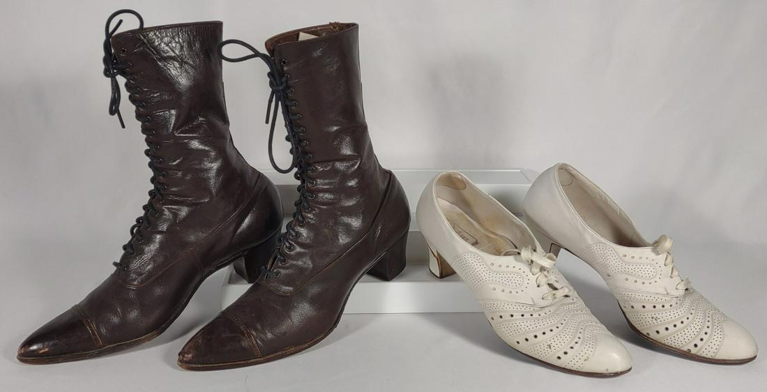 Vintage Lace-up Ladies Boots & Styl-ezz Shoes: Victorian style brown leather lace up pointed toe boots and Styl-ezz white shoes by Selby (1940s).