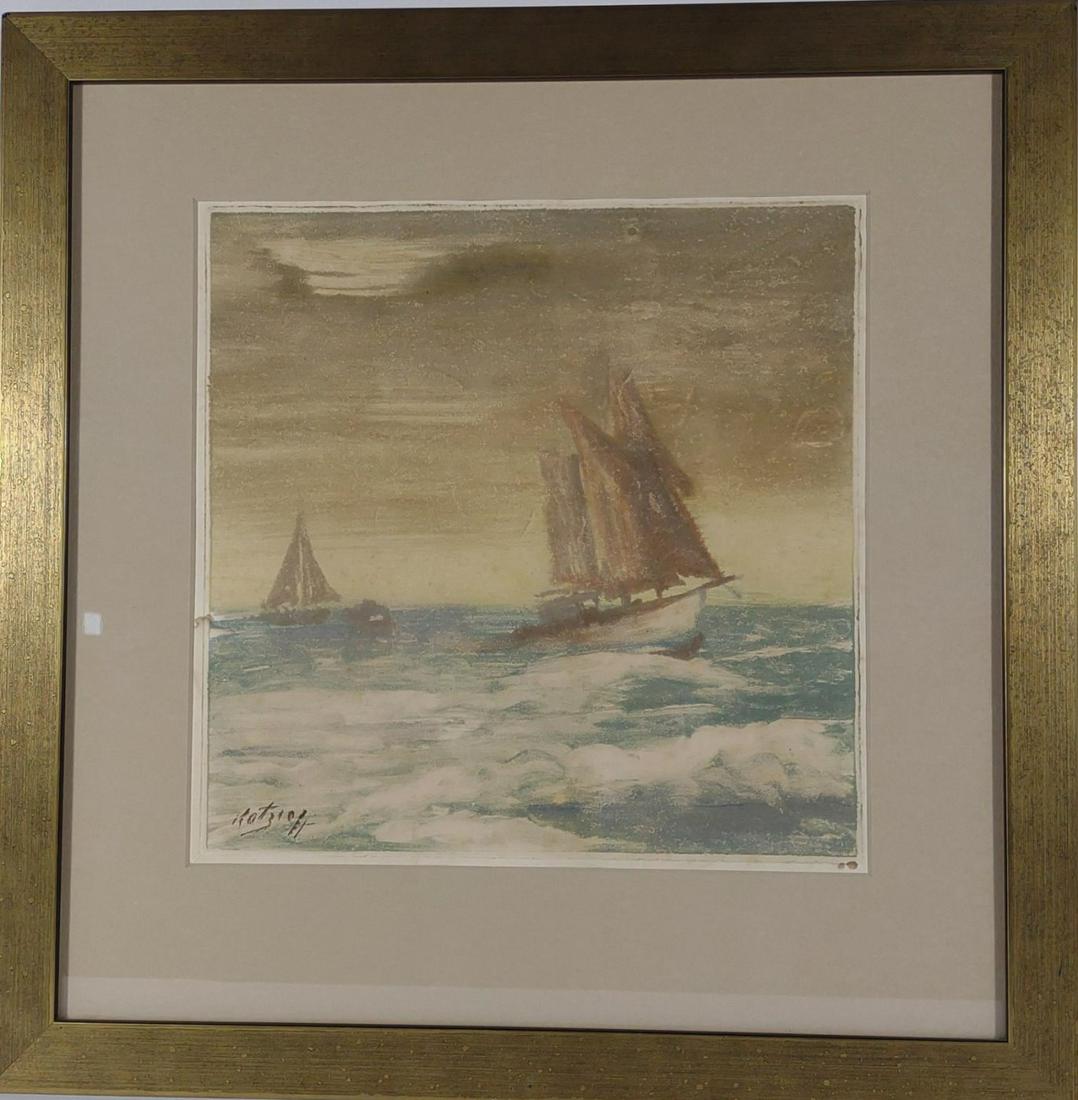Julius Katzieff Monotype on Paper of Sail Boats: This work of art was purchased in 1998 in Provincetown, Massachusetts. Artist Julius D. Katzieff (1892 - 1957) was active/lived in Massachusetts / Lithuania. Julius Katzieff is known for Landscape, po