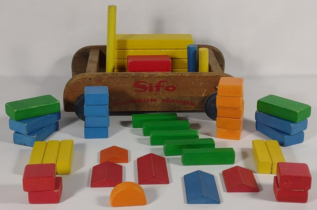 Sifo Wood Rainbow Wagon Building Blocks: Vintage childrens building blocks toy.