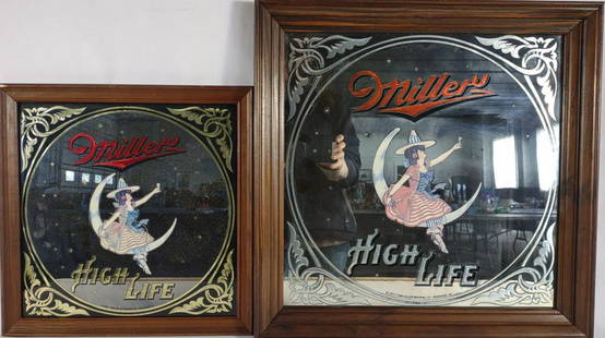 (2) Miller High Life Reverse Glass Bar Mirrors: vintage, 1980s. Miller High Life beer advertising mirror set.