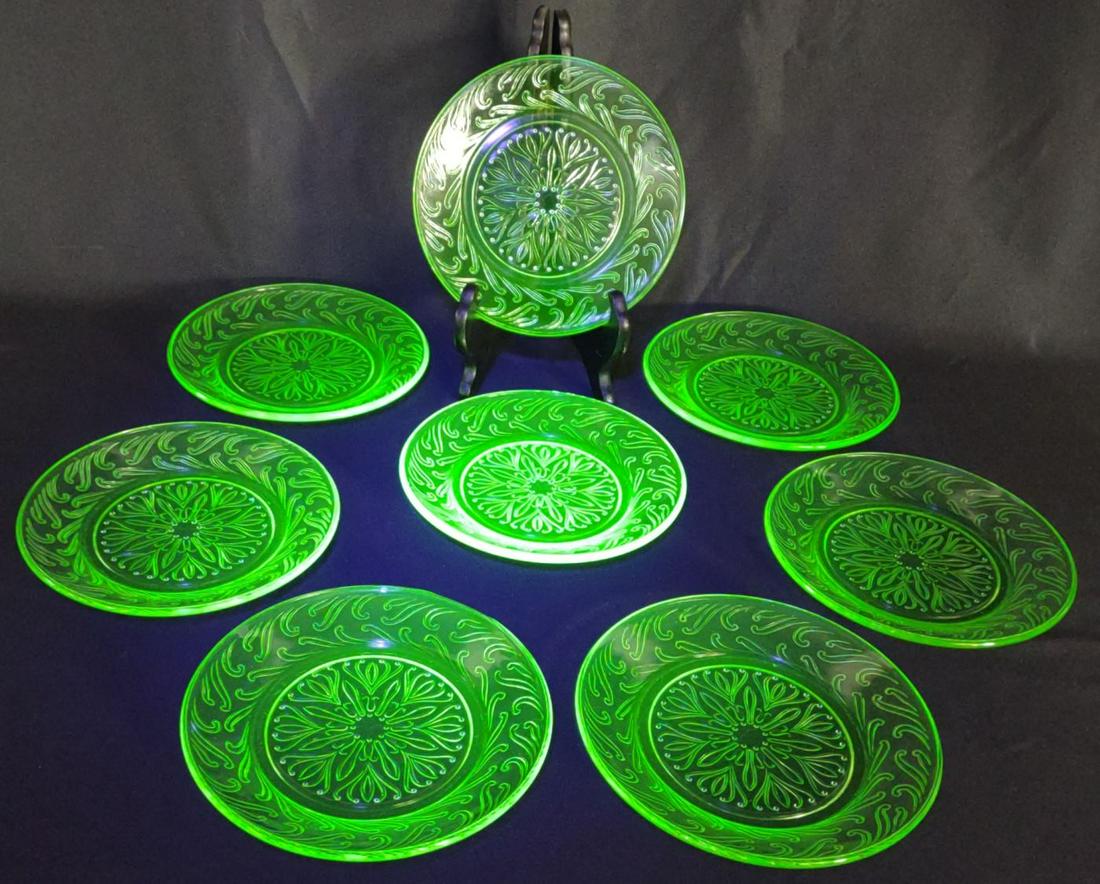 Set of 8 Scroll Green Uranium Glass Plates (1 of 7)
