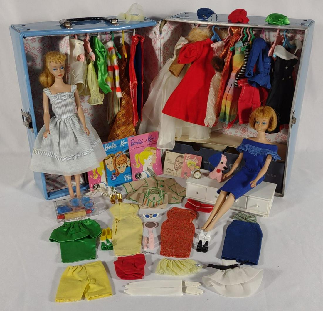 Vintage Barbie Dolls, Outfits, Accessories & Case: Dolls include American Girl Barbie (bendable legs) and #4 blonde Barbie with original top knot. No green ear present on either doll. All pre 1968. All clothing is made by Mattel. Many outfits in great