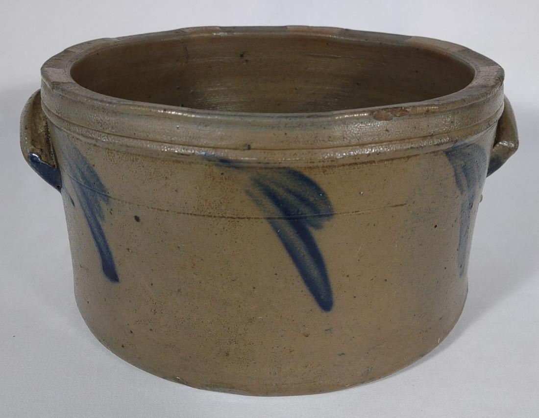 Cobalt Blue Decorated Stoneware Crock w/ Handles: No Cracks. Unsigned. Small chip in handle and a few minor chips around outer rim of crock.