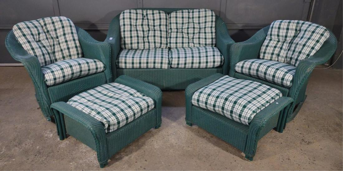 Lloyd Loom 5 Pc Outdoor Patio Suite Set Green: 5 piece green wicker outdoor patio furniture suite made by Lloyd Loom, Lloyd Flanders. This complete outdoor patio furniture set includes 2 rocking chairs, 2 foot rests, and a love seat. Cushions are 