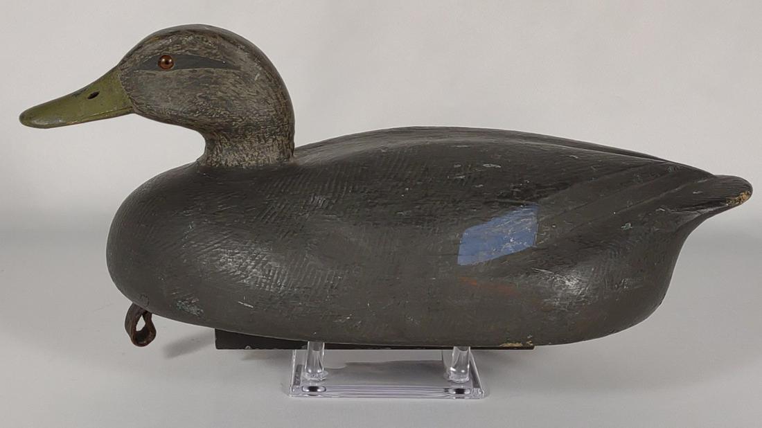 Mallard Hen Duck Decoy: Glass eyes with bill nose holes. Leather strap tacked to front base. No signature.