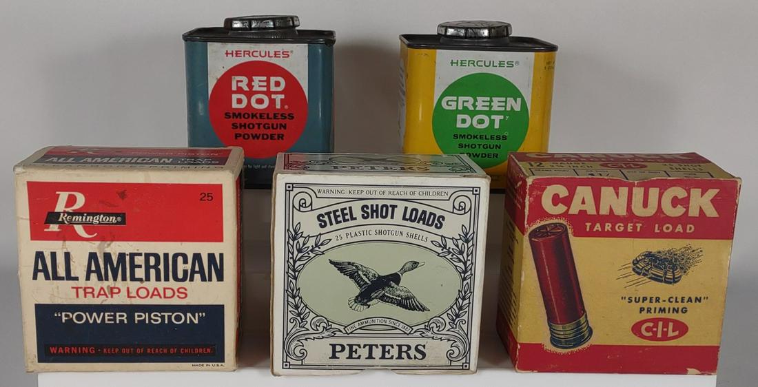Gun Powder Advertising Tins & Boxes: Includes 2 vintage Herculese Smokeless Shotgun Powder advertising tins and 3 Load advertising boxes.