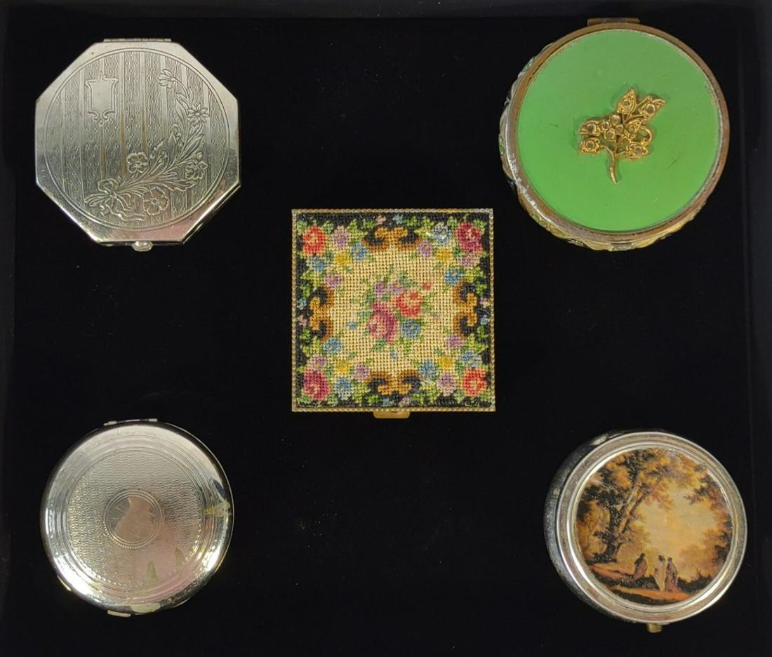 5 Compacts Vintage & Antique, 1 Enamel: Includes enamel compact and pill box. 5 compacts total.
