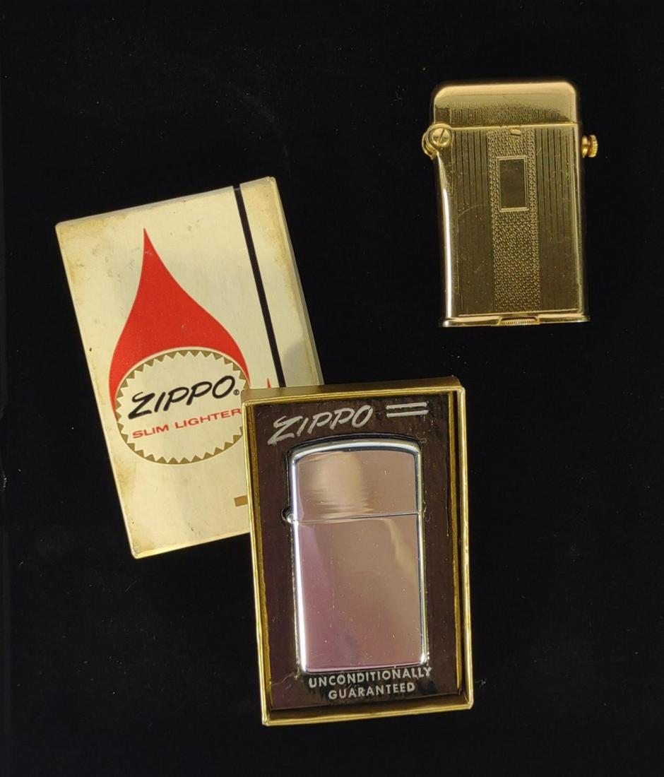 Vintage Thorens & Zippo Slim Lighter in Box: Includes zippo no, 1610 High polish in original box with paper pamphlet and gold tone Thorens lighter.