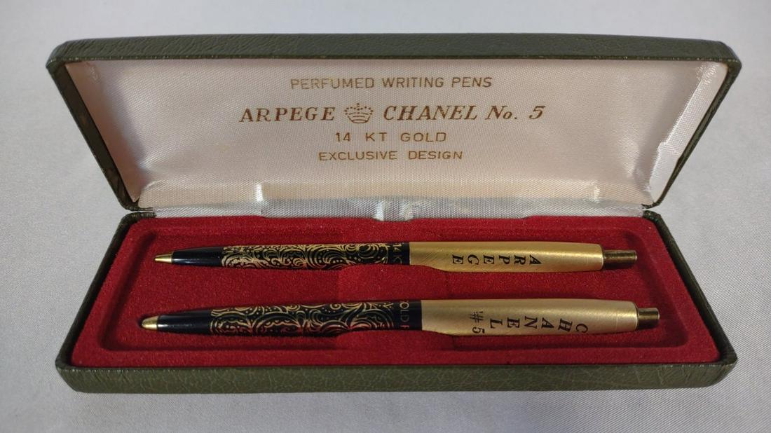 Arpege & Chanel No 5 Pen Set 14K Filigree: Vintage writing pens by chanel. One pen needs a new ink cartridge and spring. Uses standard pen parts that can be found in any click button pen.