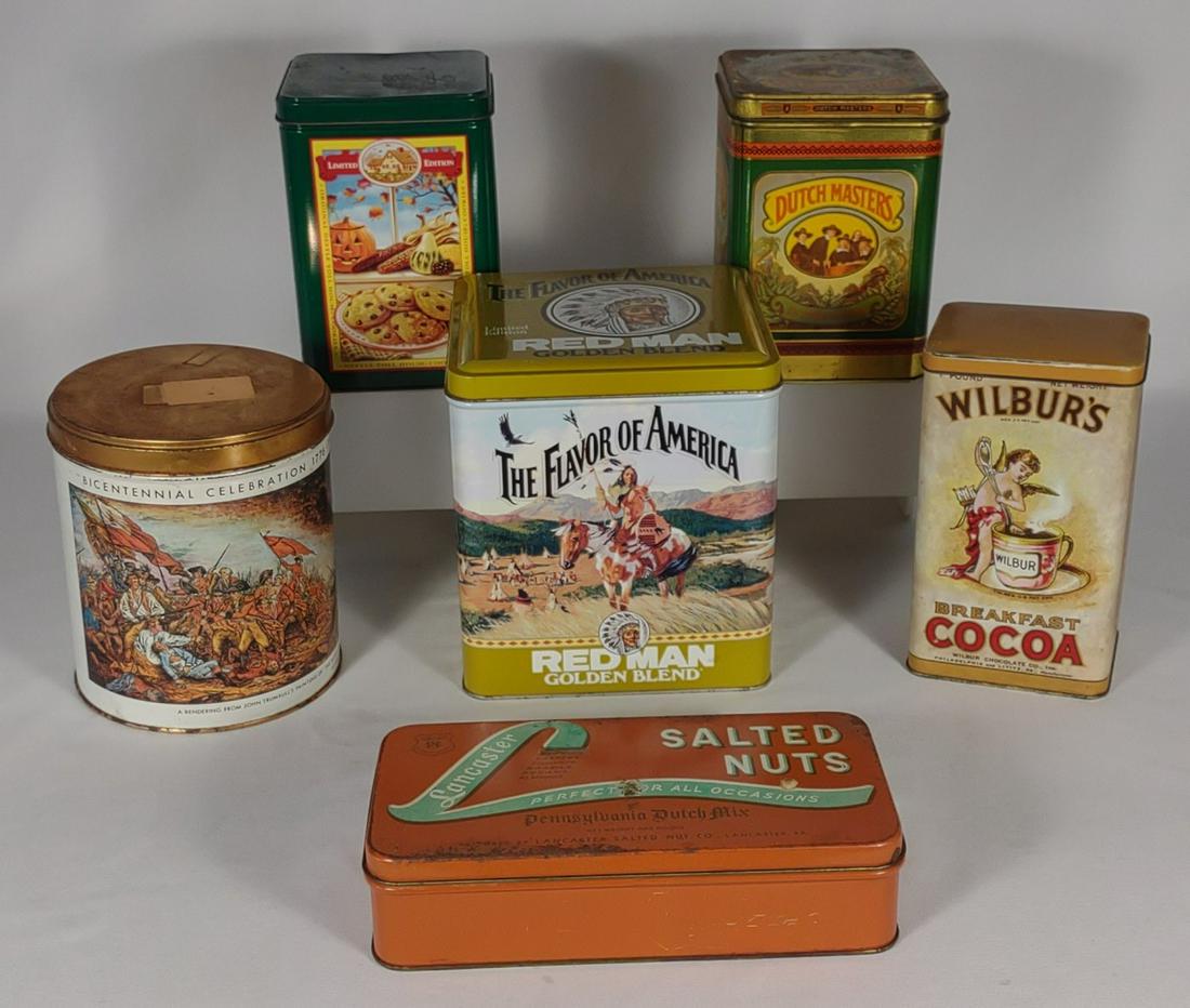 (6) Vintage Advertising Baking & Tobacco Tins: Includes Wilburs Cocoa tin, Red Man Tobacco tin, Dutch Masters tin, Nestle tin, Bicentennial tin, and Lancaster PA salted nuts tin.