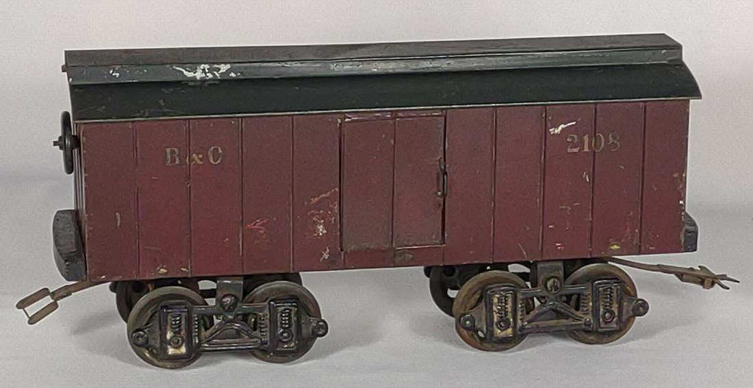 Voltamp 2108 B&O Freight Boxcar: Some scratched present on surface paint. Antique toy train boxcar circa early 1900s. #2108 B & O.