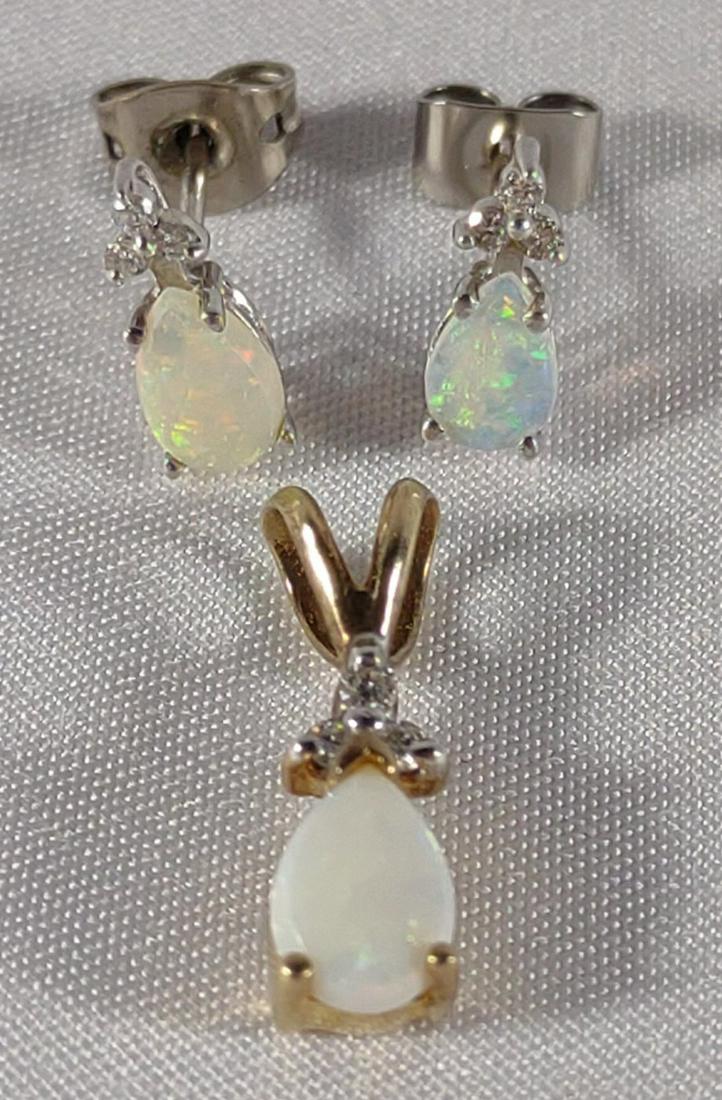 14K Gold, Opal & Diamond Earrings & Pendant Set (1 of 8)