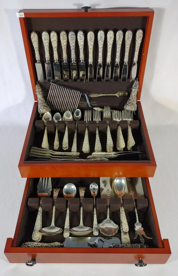 Kirk Stieff 'Stieff Rose' Sterling 91 pc Set: 91 piece sterling silver set by Kirk Stieff. Total weight, including sterling handled pieces: 4532 grams (145.71 Troy Ounces). Kirk Stieff sterling silver flatware serving set in Reed & Barton wood ca