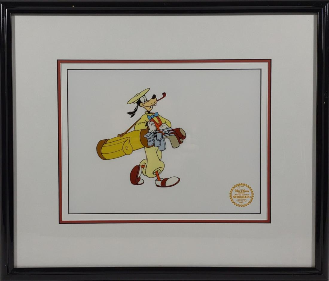 Goofy How To Play Golf Disney Serigraph Cel w/ COA: Professionally framed Walt Disney Studios "How to Play Golf" limited edition serigraph animation cel. This sericel depicts Goofy dressed as a golf caddy from the walt disney film "How to Play Golf" re