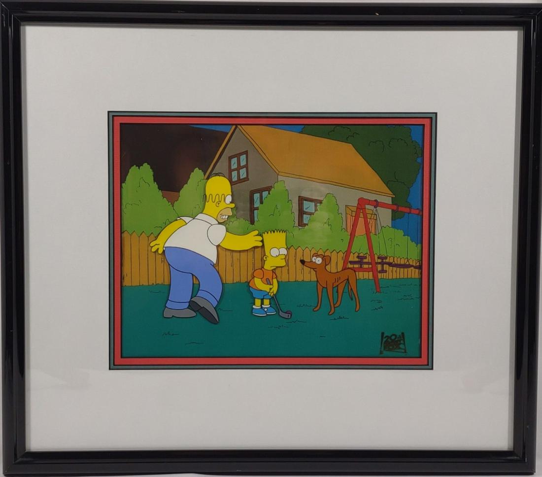 The Simpsons Original Production Cel Bart Golfing: Professionally framed The Simpsons original hand painted production cel of animation characters with reproduction of master background. Includes COA slip. Depicts Homer, Bart golfing, and dog. 20th Ce