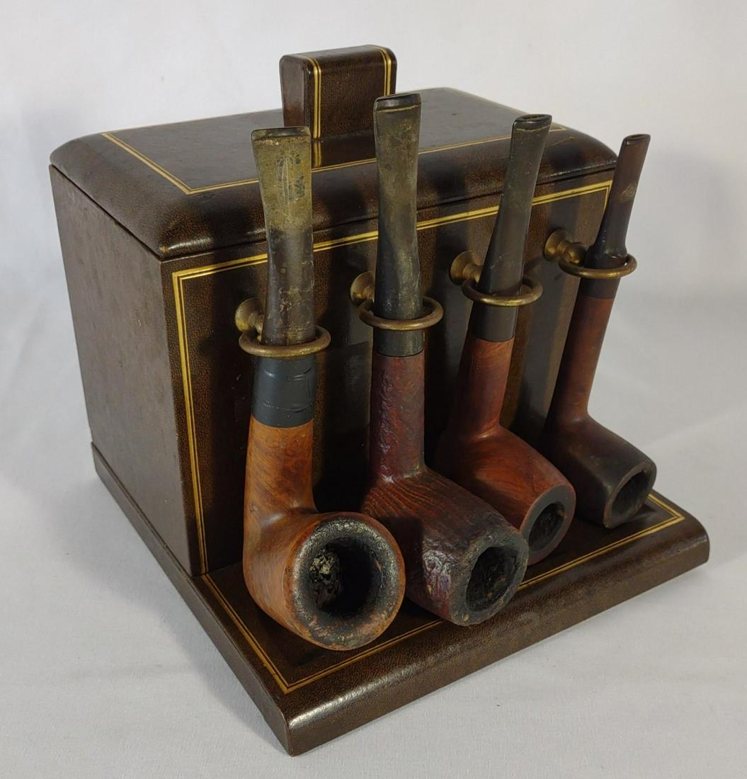 Vintage Tobacco Box w/ Pipe Rack & 4 Pipes: Leather wrapped tobacco box with 4 holder pipe rack. Includes Italian Savinelli Hercules 611 EX tobacco smoking pipe, Royal Sovereign (england) pipe, Jean Lacroix Le Mans 98 pipe, and 1 pipe marked "M