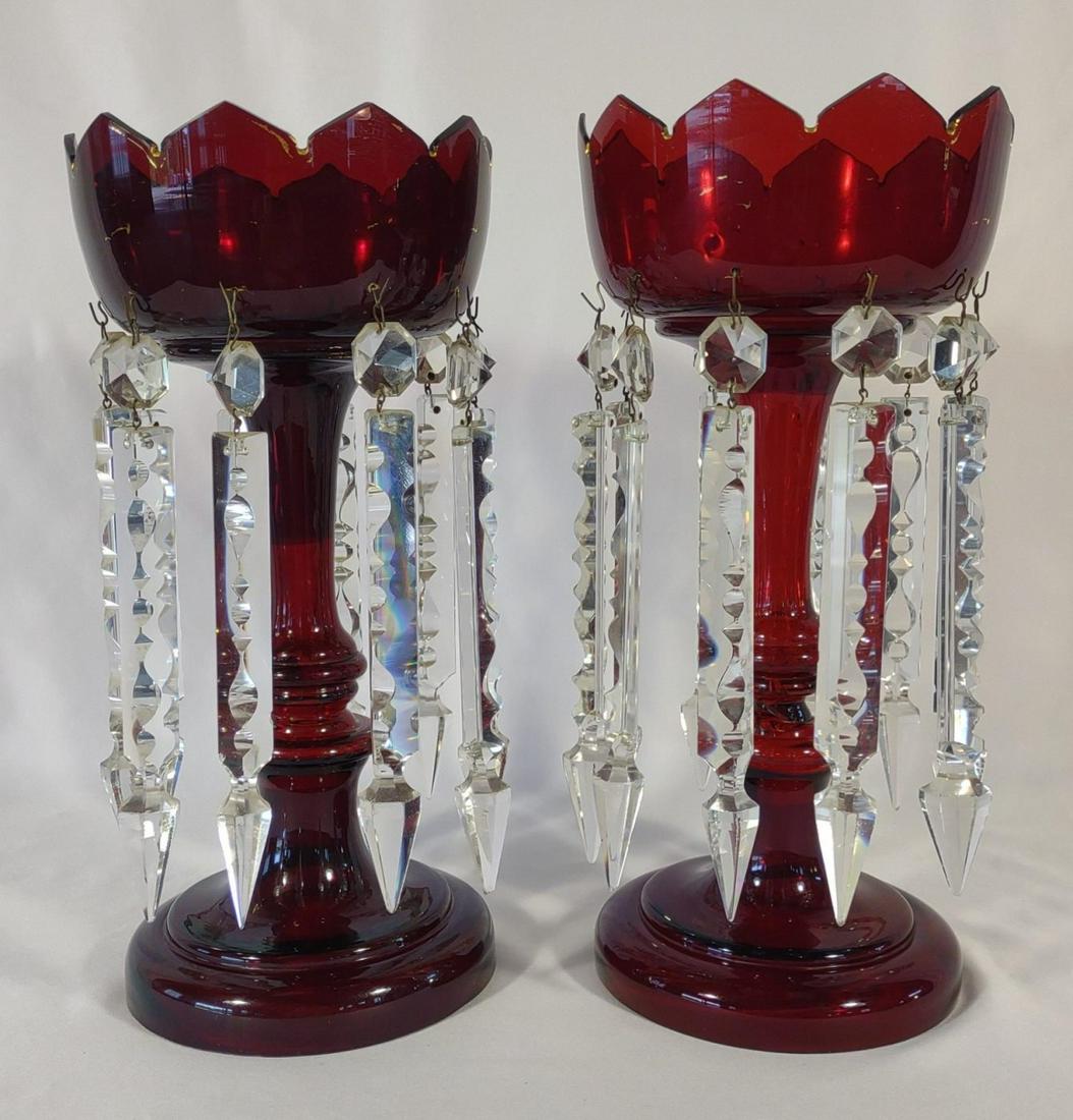 Antique Ruby Red Mantle Lusters w/ Cut Prisms (1 of 9)