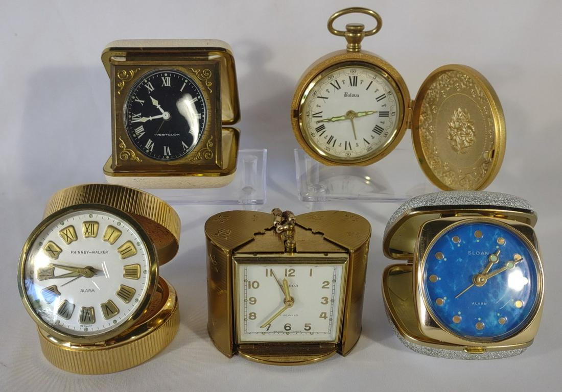 5 Vintage Wind Up Travel Alarm Clocks (Works) - A: Lot 1 of 2. All have been tested and works. Includes Westclox, Semca, Sloan (with box), Phinney Walker, and Bulova.
