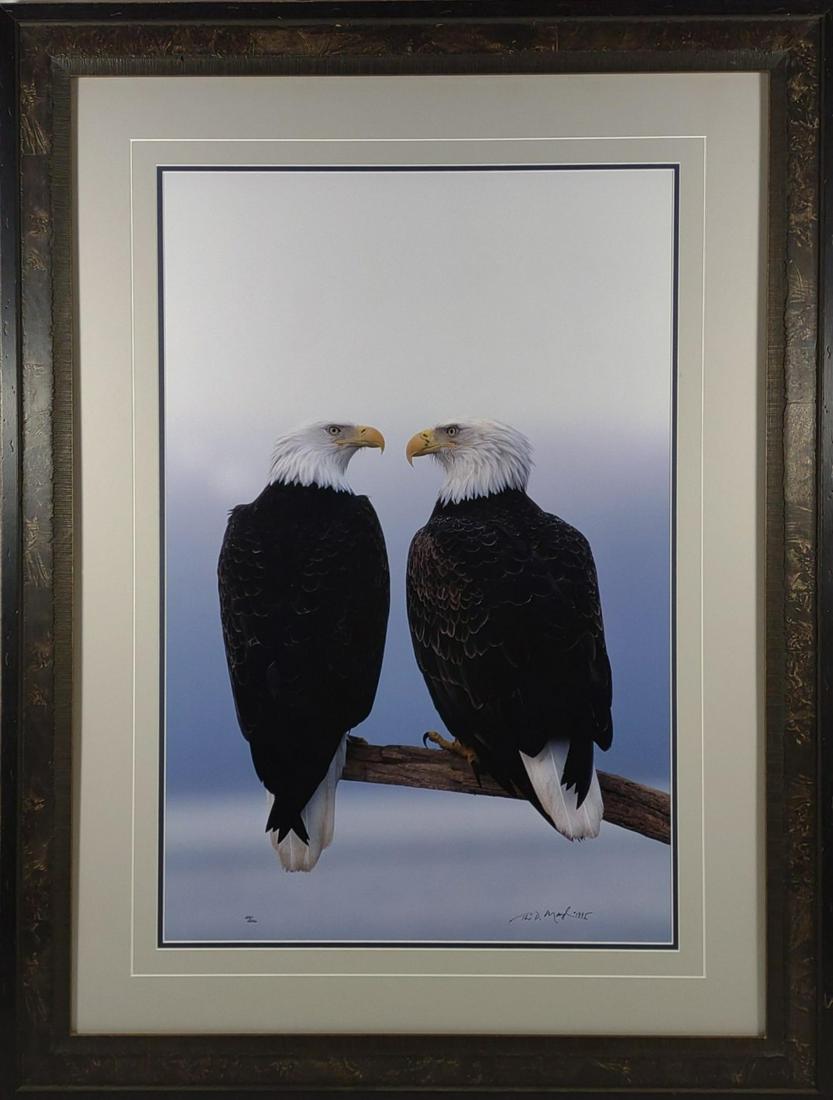 Thomas Mangelsen Signed Bald Eagles Photo Print: Hand signed and numbered by artist Thomas D Mangelsen, 254/2500. Dated 1995. Titled Baywatch - Bald Eagles. In excellent condition and professionally sealed in wooden frame. Artist bio slip located on