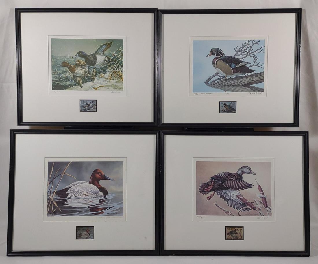 Set of 4 Signed Maryland Waterfowl Duck Prints: 4 hand signed and numbered Maryland Migratory Waterfowl Duck Prints with Postage stamps. 1983 Roger E. Lent signed print, #150/1200. 1982 Roger Bucklin signed duck print, #908/1575. 1990 Carla Huber s