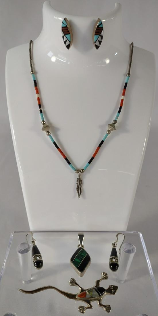 Sterling Silver Handmade Stone & Enamel Jewelry: All are sterling silver, and have been tested. 24.62 grams total weight. Includes turquoise feather pendant necklace, Mexico polished stone pendant, Zuni artist Laahty post earrings, Black polished st