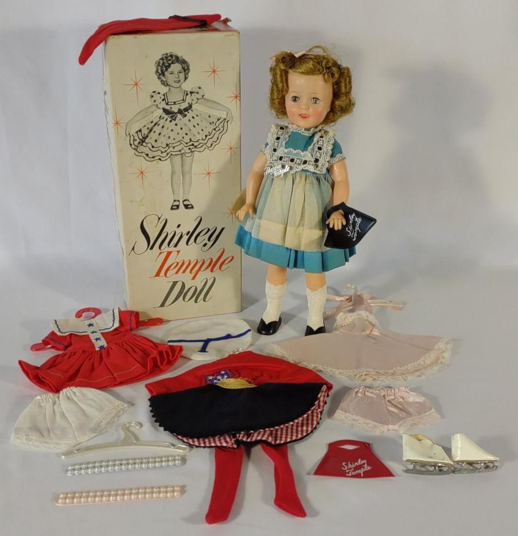 1950s Shirley Temple Ideal Doll #9500 w/ Box: Vintage 1950s Shirley Temple toy doll with extra outfits and original box. In good condition. Made by Ideal, USA. No. 9500.
