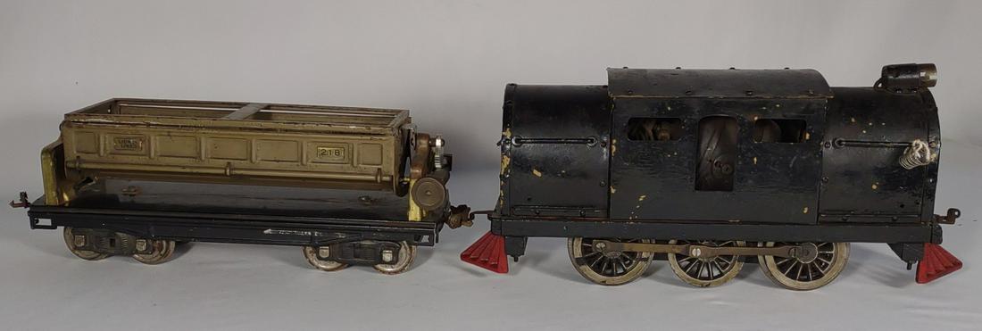 Early Lionel Pre-War Locomotive & #218 Dump Car: Untested. Early lionel locomotive train engine (Worn down paint and gold trim). Lionel #218 dump car.